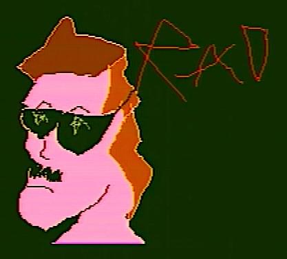 A cartoon face of a man with sunglasses and 'RAD' spray-painted beside him